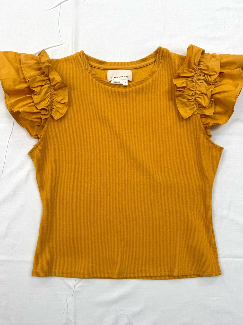Anthropologie Mustard Yellow Ribbed Knit Ruffle Flutter Sleeve Top Size S